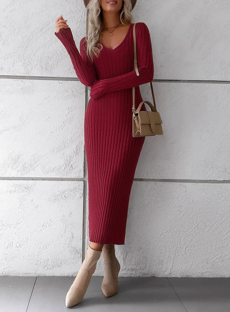 Wine Red Ribbed Bodycon V Neck Long Sleeve Knit Dress