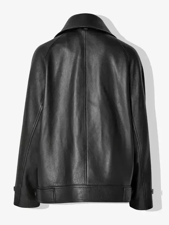 Women’s Bow-Detail Black Genuine Leather Double-Breasted Jacket