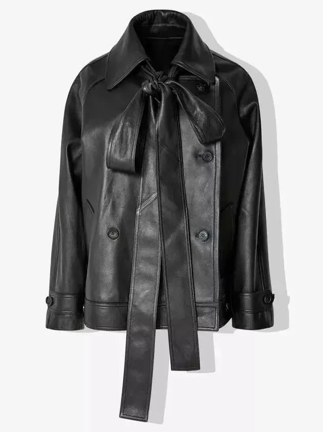 Women’s Bow-Detail Black Genuine Leather Double-Breasted Jacket