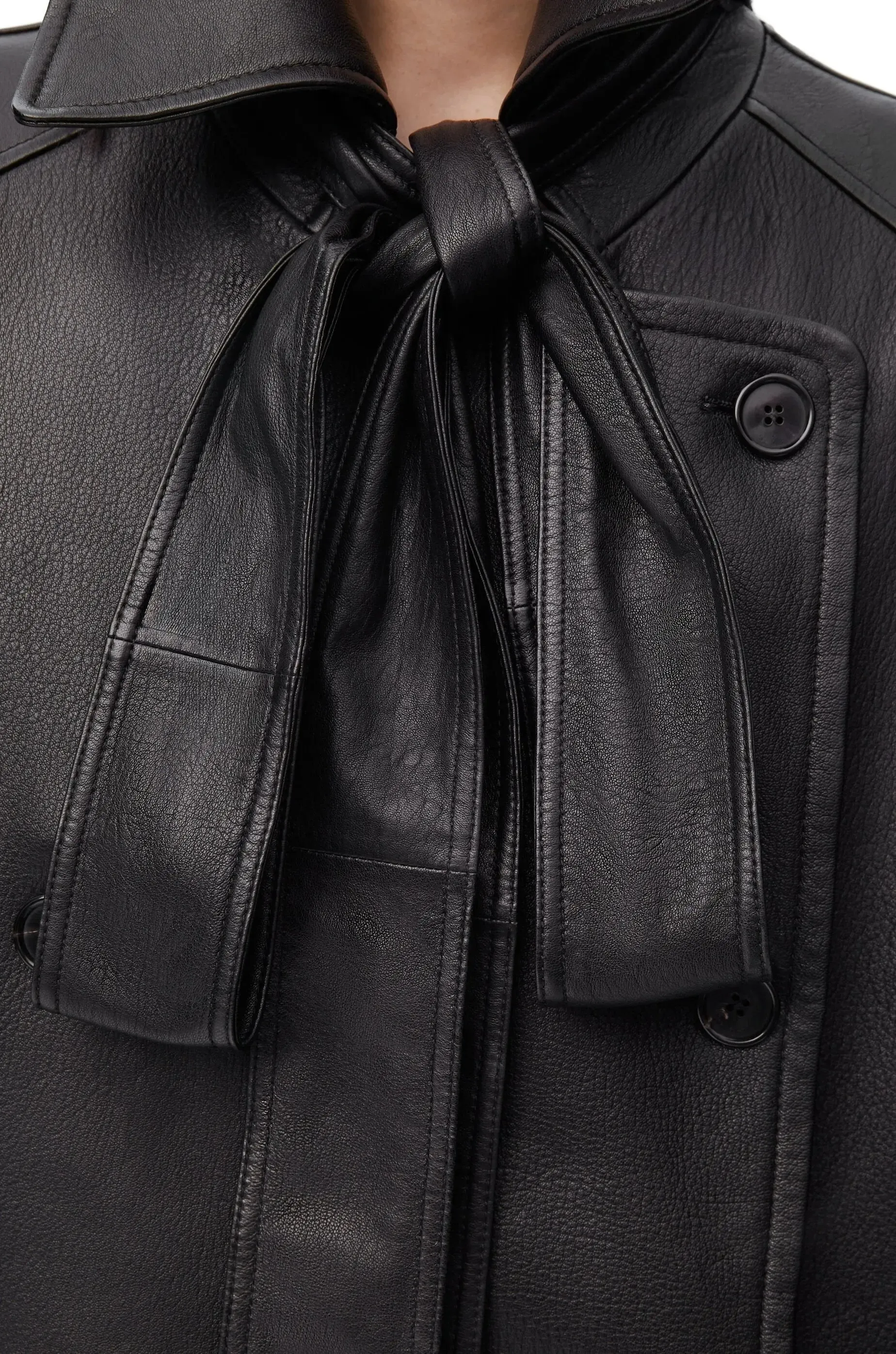 Women’s Bow-Detail Black Genuine Leather Double-Breasted Jacket