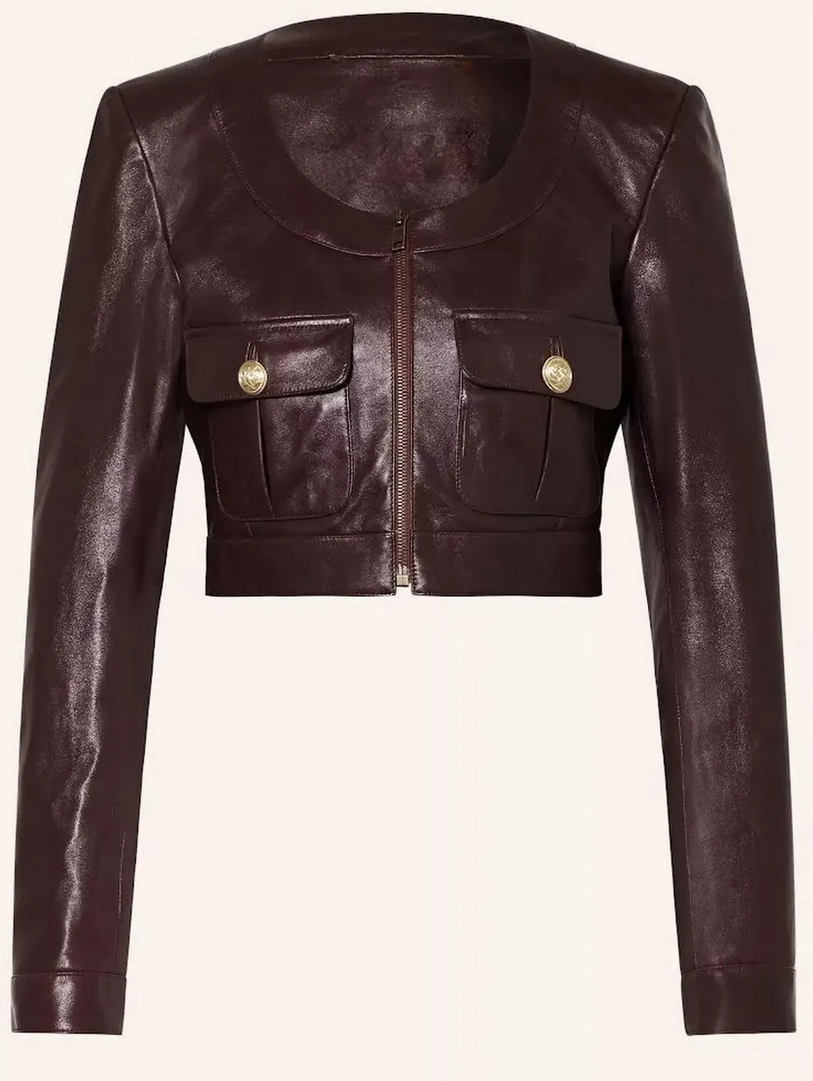 Women’s Cropped Leather Jacket with Scoop Collar and Buttoned Pockets