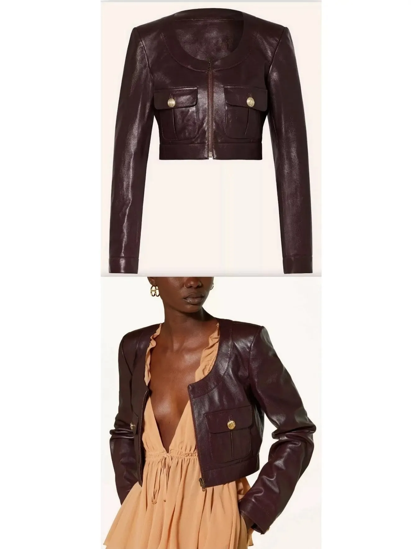 Women’s Cropped Leather Jacket with Scoop Collar and Buttoned Pockets