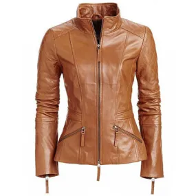 Women's stylish English Tan leather jacket with quilted patches