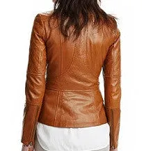 Women's stylish English Tan leather jacket with quilted patches